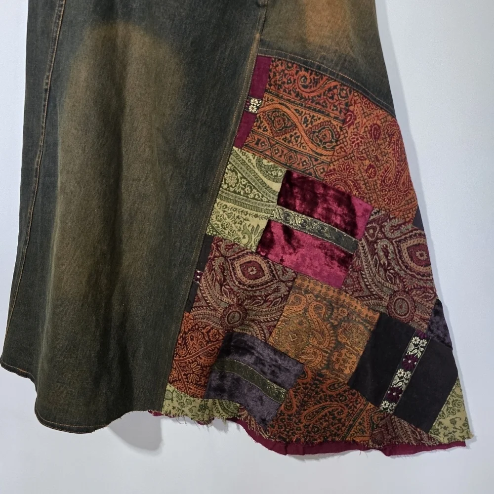 VTG René Derhy Patchwork Denim Maxi Skirt Boho Y2K Artsy USA 14 - Picture 12 of 12